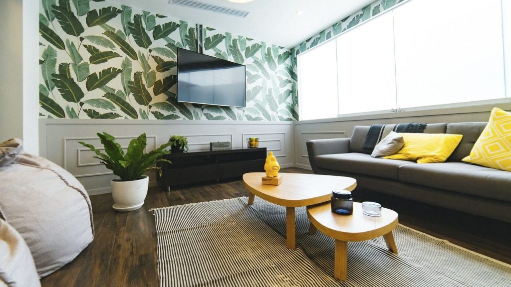 living room, house, interior, nature, design, flower wallpaper, couch, pillow, flower background, beautiful flowers, table, wall, tv, flower, pot